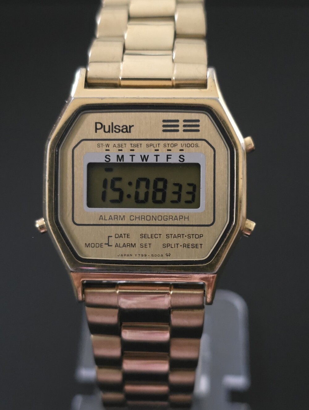 VTG Pulsar Y799-5009 Alarm Chronograph Date LCD Digital Gold Tone Watch 8” WORKS